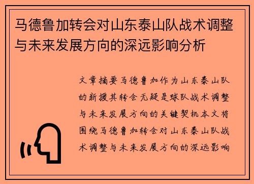 马德鲁加转会对山东泰山队战术调整与未来发展方向的深远影响分析