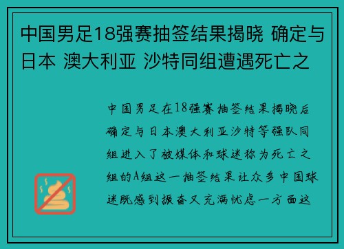中国男足18强赛抽签结果揭晓 确定与日本 澳大利亚 沙特同组遭遇死亡之组