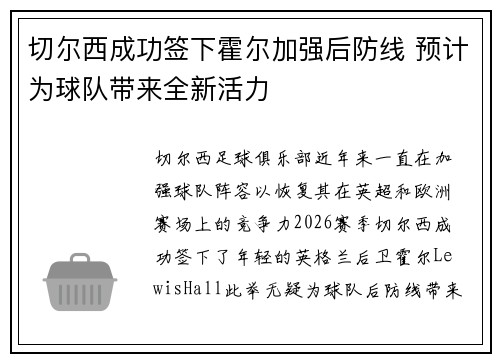 切尔西成功签下霍尔加强后防线 预计为球队带来全新活力